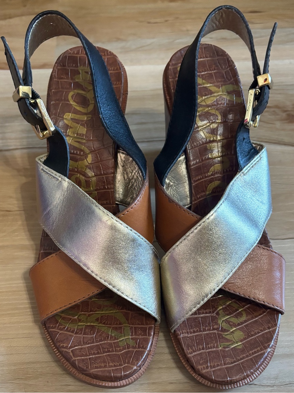 Sam Edelman Metallic Silver & Tan Crisscross Slingback Sandals